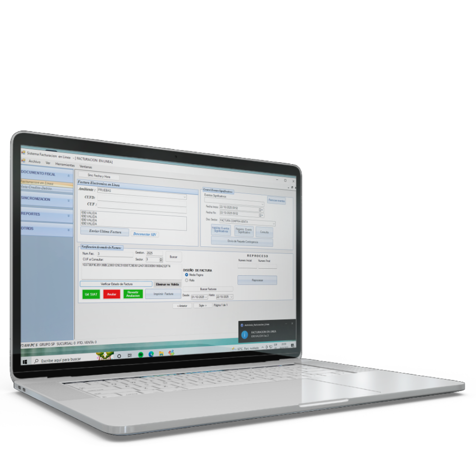 Sistema de facturación electrónica en línea SIAT Bolivia integrado con SAC y ADMINSIS